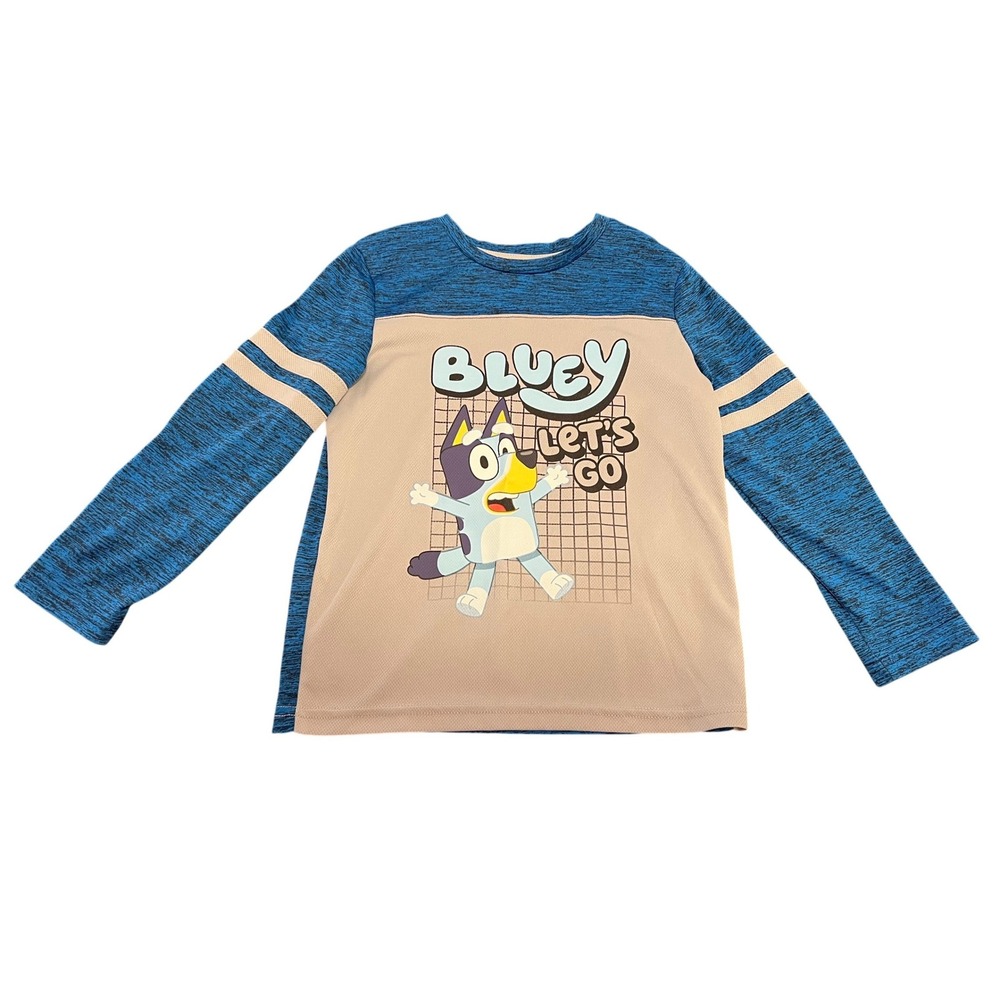 Bluey Lets Go Boys Graphic Long Sleeve Shirt Blue Gray Space Dye Active Top 3162